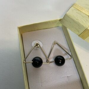 Vintage Triangular Earrings Gold Tone With Black Gem Stones‎